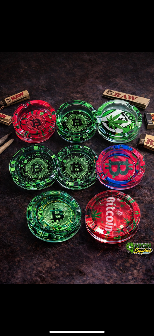 Bitcoin Leaf Design Round Glass Ashtray - Assorted (8.5x3.5cm)